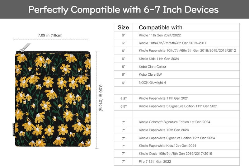 Dadanism Embroidered Daisy Padded Sleeve for All-New Kindle Paperwhite, 7" Kindle Colorsoft Signature Edition, Protective Sleeve Case for 6" K-indle/K-indle Oasis/Kobo E-Reader, Black & Yellow Daisy - Image 2